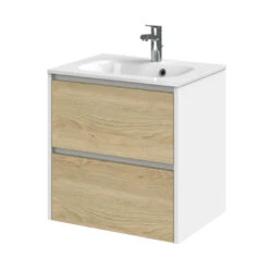 Tiger Reverse Meubelset 60 Cm Met 2 Lades Naturel Eik / Mat Wit Inclusief Oval Wastafel Hoogglans Wit