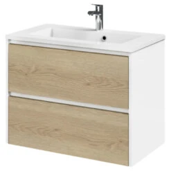 Tiger Reverse Meubelset 80 Cm Met 2 Lades Naturel Eik / Mat Wit Inclusief Quadro Wastafel Hoogglans Wit