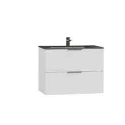 Tiger Studio Badkamermeubel 80 Cm Hoogglans Wit Met Wastafel Polybeton Mat Zwart Greep Rvs Plat